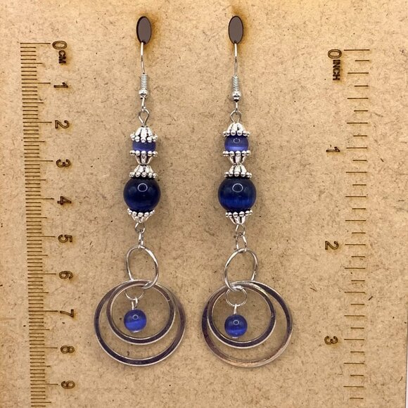 Royal Blue Cat's Eye Gemstone Beads Silver Hoop Handmade Pierced Earrings LR133 - Picture 2 of 5